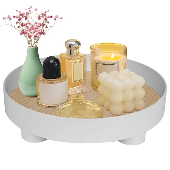 HonorHut Home Decorative Tray Countertop Organizer Tabletop Display Round Pallet Multi Functional Storage Trays Circle Pedestal Stand Grey
