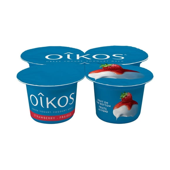 Oikos Greek Yogurt, Strawberry Flavour, Fruit on the Bottom, 2% M.F., 4 x 100g Greek Yogurt Cups
