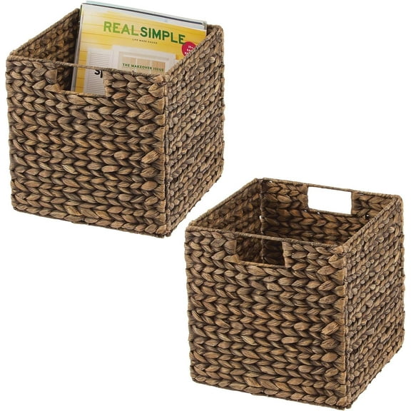 Natural Woven Hyacinth Cube Organizer Basket with Handles, Storage for Bathroom, Laundry Room Shelf or Nursery - Perfect for Cubby Storage Units - Hold Blankets and Books - 2 Pack, Brown Wash