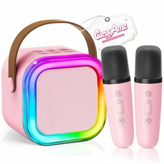 Mini Karaoke Machine for Kids Girls Boys - Birthday Gifts for Ages 4 5 6 7 8 Year Old - 2025 New est - Portable Bluetooth Speaker with 2 Wireless Microphone - Kids' Instrument Accessories - Pink