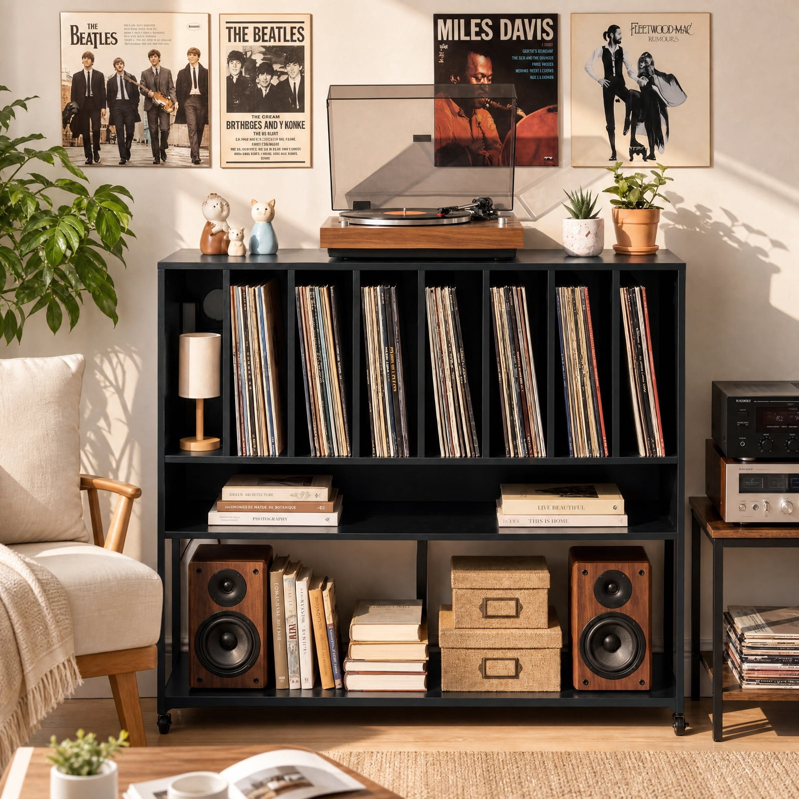 Furnibear Turntable Stand with Charging Station Vinyl Storage Shelves and Locking Wheels for Living Room Record Player Setup, Black
