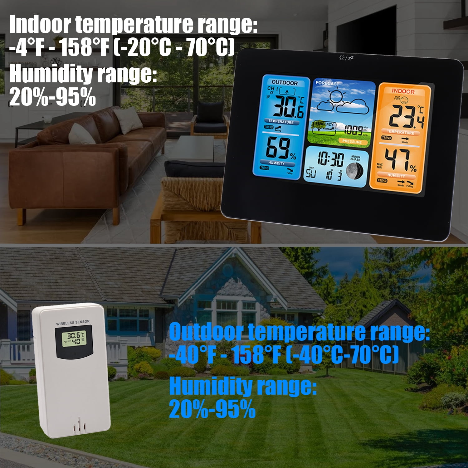 ASKITO Weather Station Wireless Indoor Outdoor Thermometer, Color LCD Display Digital Thermometer Humidity Monitor for Home, Black