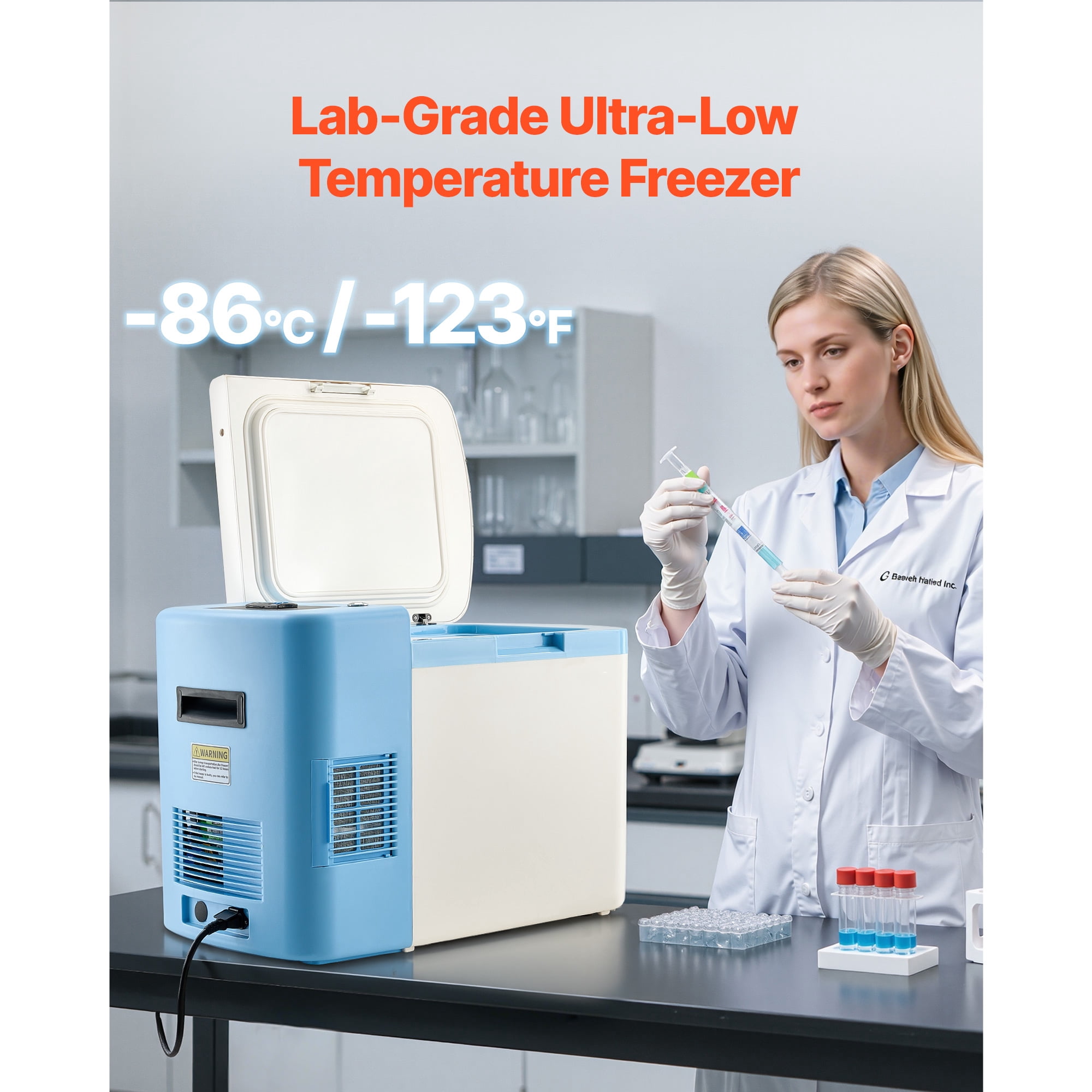 KFFKFF Portable Ultra Low Temperature Freezer, 25 L Capacity, Adjustable Temp Range from −40 ℉ to −123 ℉, Digital Display, 304 Stainless Steel Interior, Ideal for Laboratory Sample Preservation