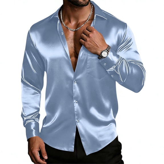 qucoqpe Men's Satin Dress Shirts Long Sleeve Button Down Top Trendy Silk Formal Casual Business Prom Party Wedding Blouse