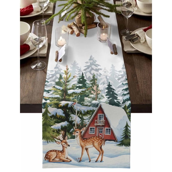 Christmas Cotton Linen Table Runner for Dining Kitchen, Xmas Winter Forest Tree Deer Snowflakes Wedding Outdoor Party Tablerunners Decoration, Dresser Scarf Coffee Tablecloth Runners 13x90 Inches