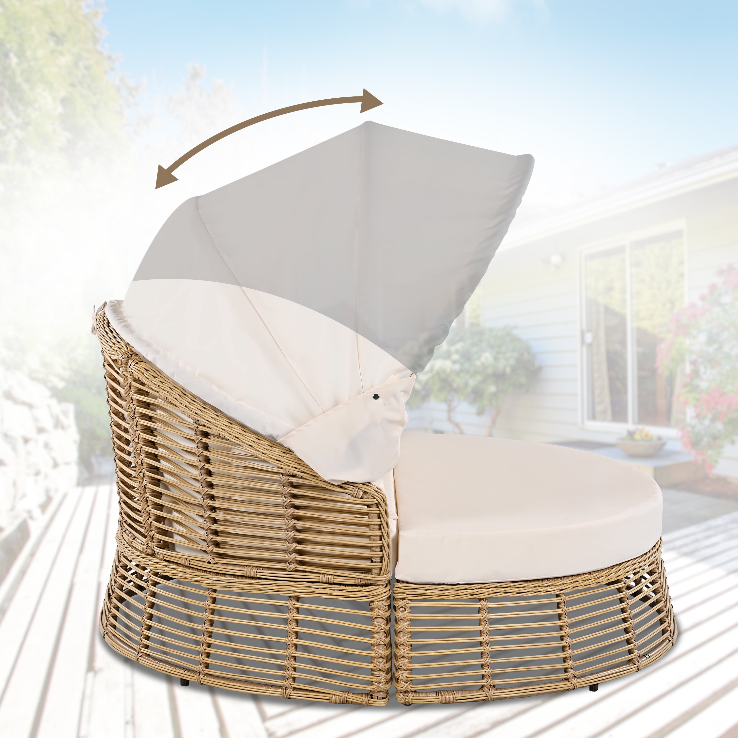 Outdoor Round Daybed, Rattan Frame with Retractable Canopy and Removable Cushions for Backyard Porch, Beige