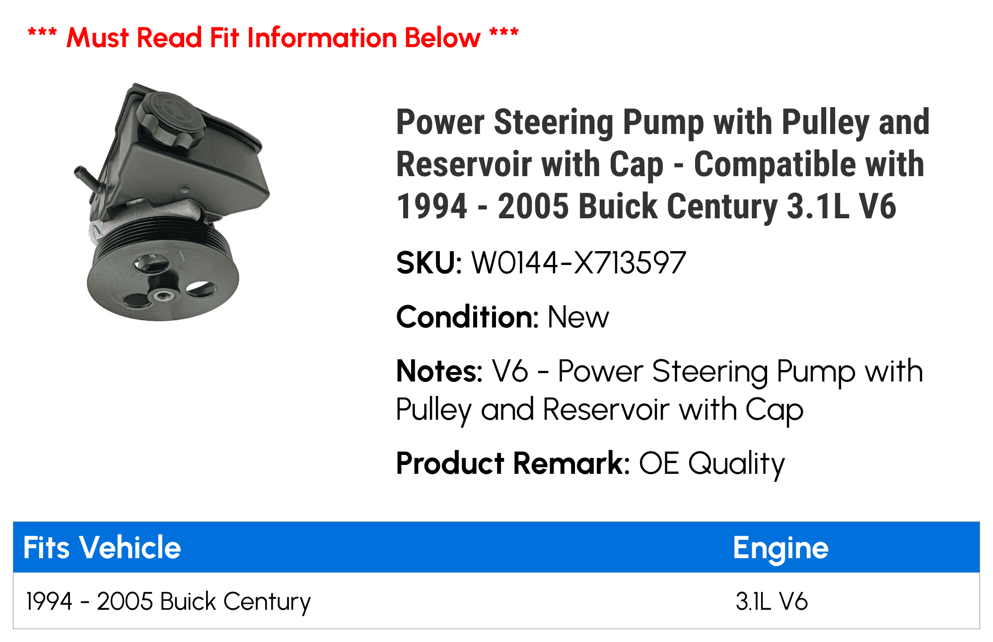 Power Steering Pump with Pulley and Reservoir with Cap - Compatible with 1994 - 2005 Buick Century 3.1L V6 1995 1996 1997 1998 1999 2000 2001 2002 2003 2004