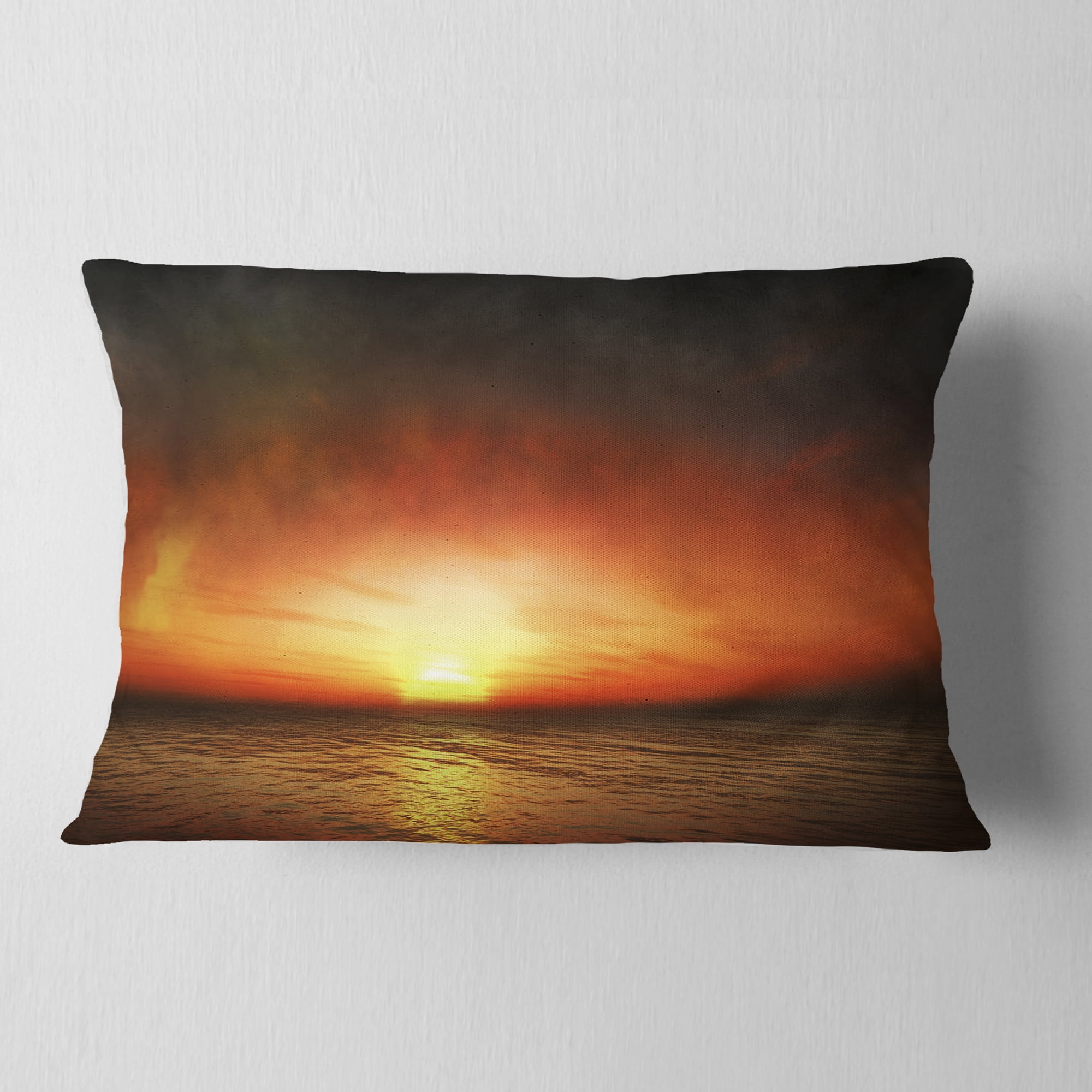 Designart Fiery Sunset Beach under Cloudy Sky - Modern Seashore Throw Pillow - 12x20