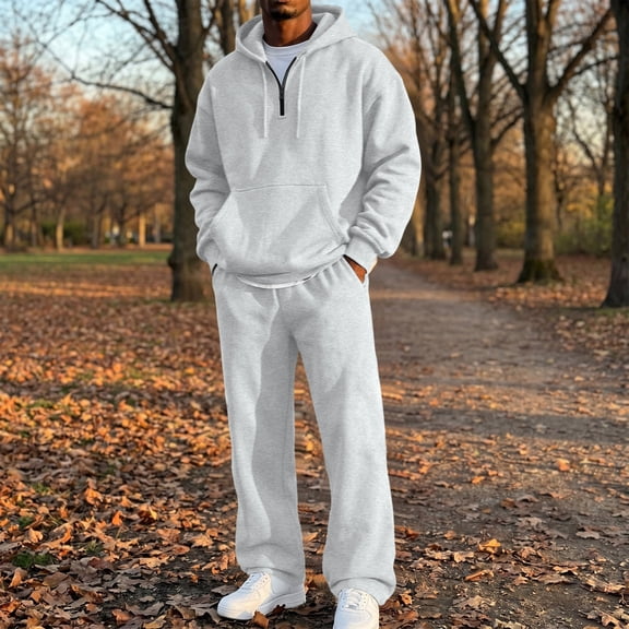 Dwellite Men's Tracksuits Mens Quarter Zip Pullover Fall Winter Joggers Pant Half Zip 2 Piece Outfits Casual Athletic Hooded Sweat Suit Light Gray L