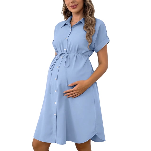RXMEKW Robe de Maternité avec Col à Revers et Ceinture Élastique pour Femmes, Robe-Chemise à Manches Longues pour la Grossesse, Polyester, Noir