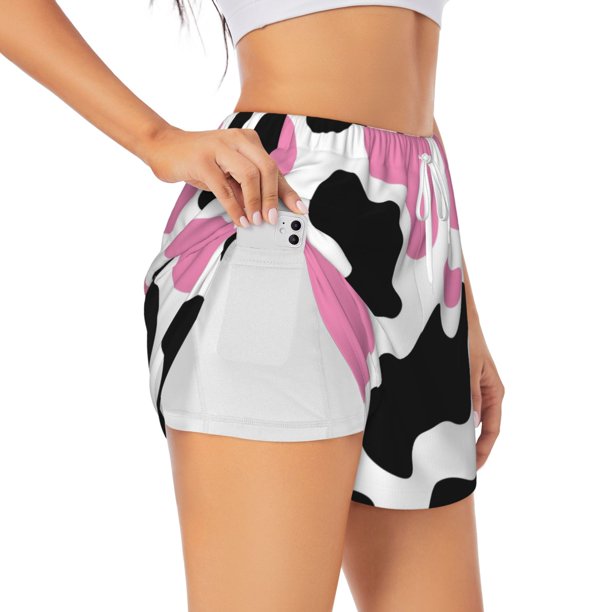 Balery Cow Spots Pantalones cortos deportivos para mujer con forro y dos bolsillos, elásticos, para entrenamiento, gimnasio, yoga-Large