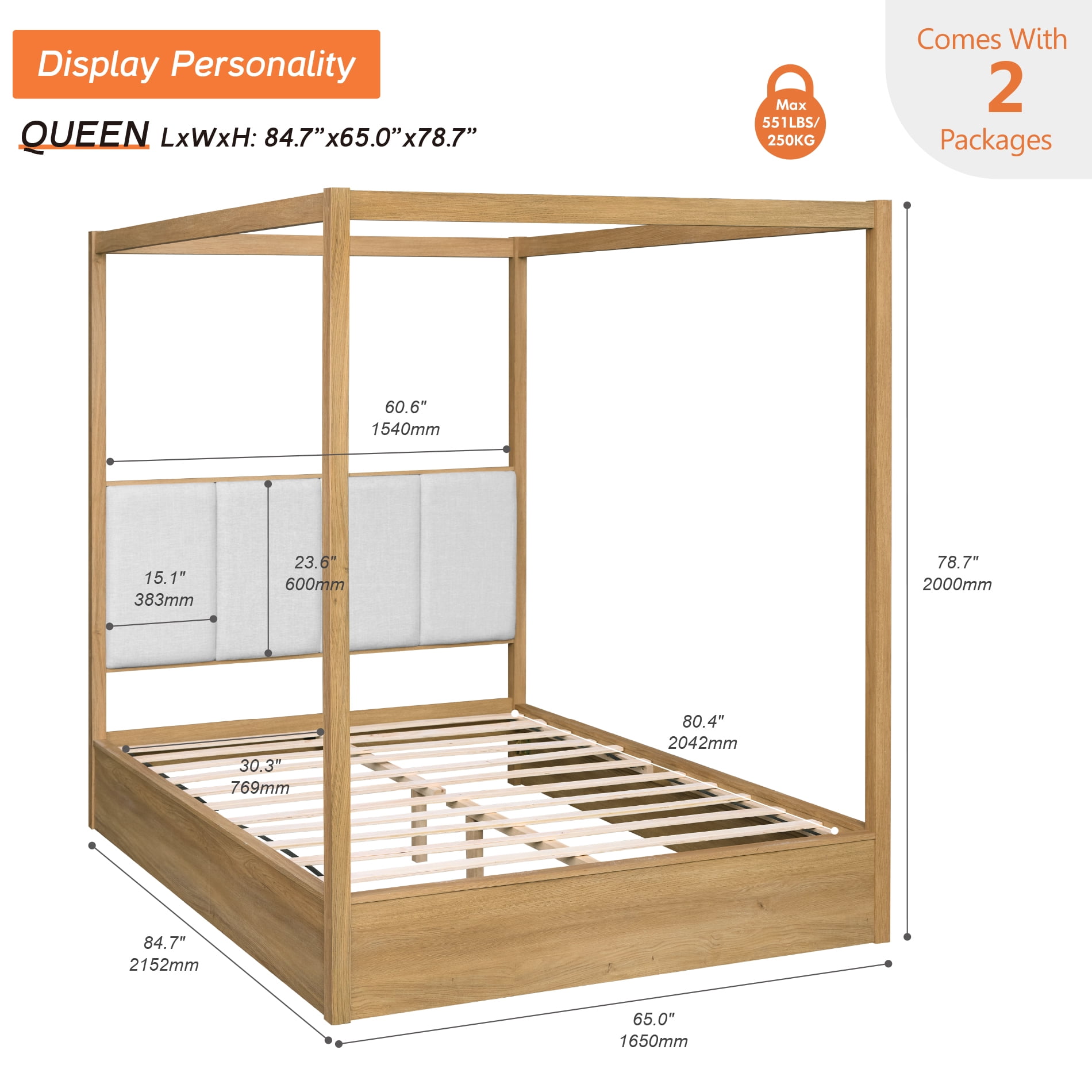 WAMPAT Queen Size Canopy Solid Wood Bed Frame with Upholstered Headboard, No Box Spring Needed, Mid-Century Modern 4 Poster Bed for Bedroom, Dark Brown Wood