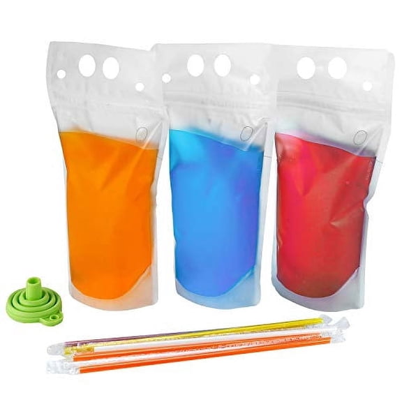 C CRYSTAL LEMON Reusable Drink Pouches, 100 Pack Smoothie & Juice Pouches with Straws, Reclosable Handheld Drink Bags for Juice, Smoothies, Slushies