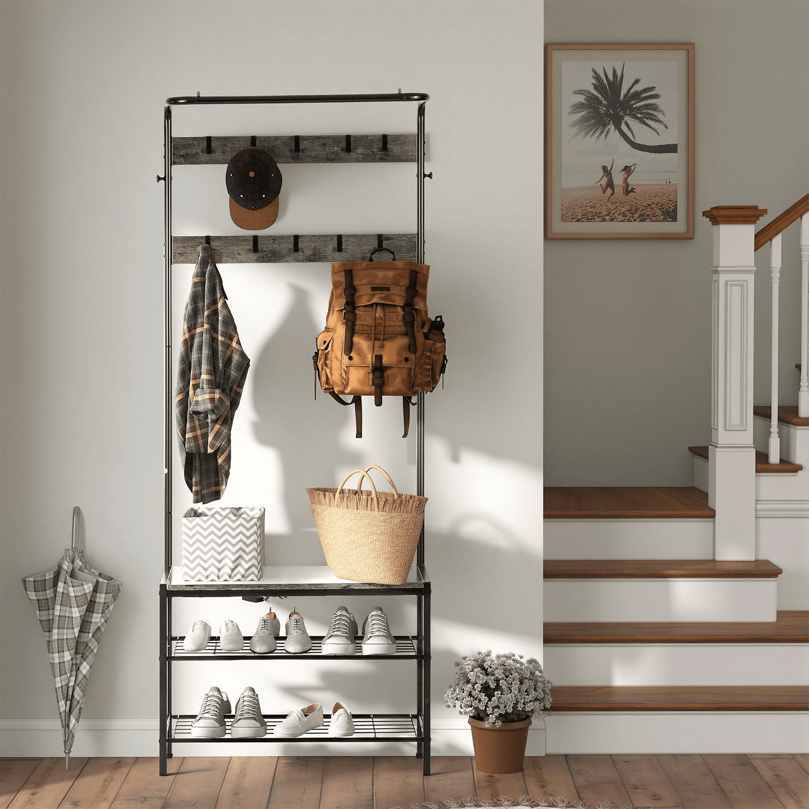 ZIVACATE Coat Rack, Hall Tree with Shoe Storage Bench, Entryway Bench with Shoe Storage, 4-in-1, Steel Frame, for Entryway, 28.35 x 13.27 x 72.05 in,Grey
