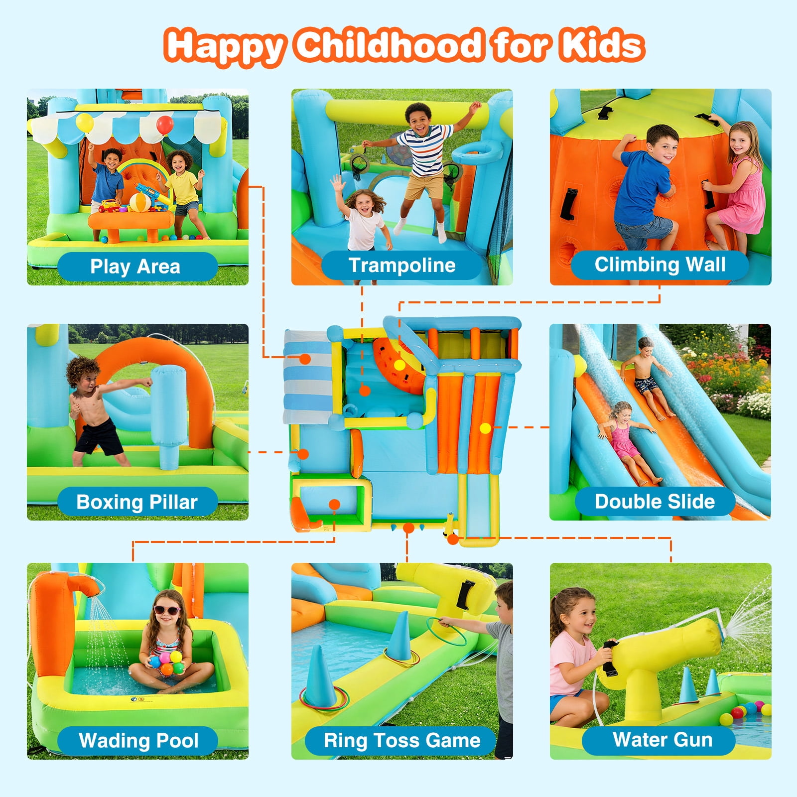 10in1 Heavy Duty Double Water Slide Inflatable Bounce House Giant Water Park w/650W Blower,Splash Pool,Sunshade,Climbing Wall,Jumping,Basketball Hoop,Ring Toss Game,Water Gun Outdoor Backyard