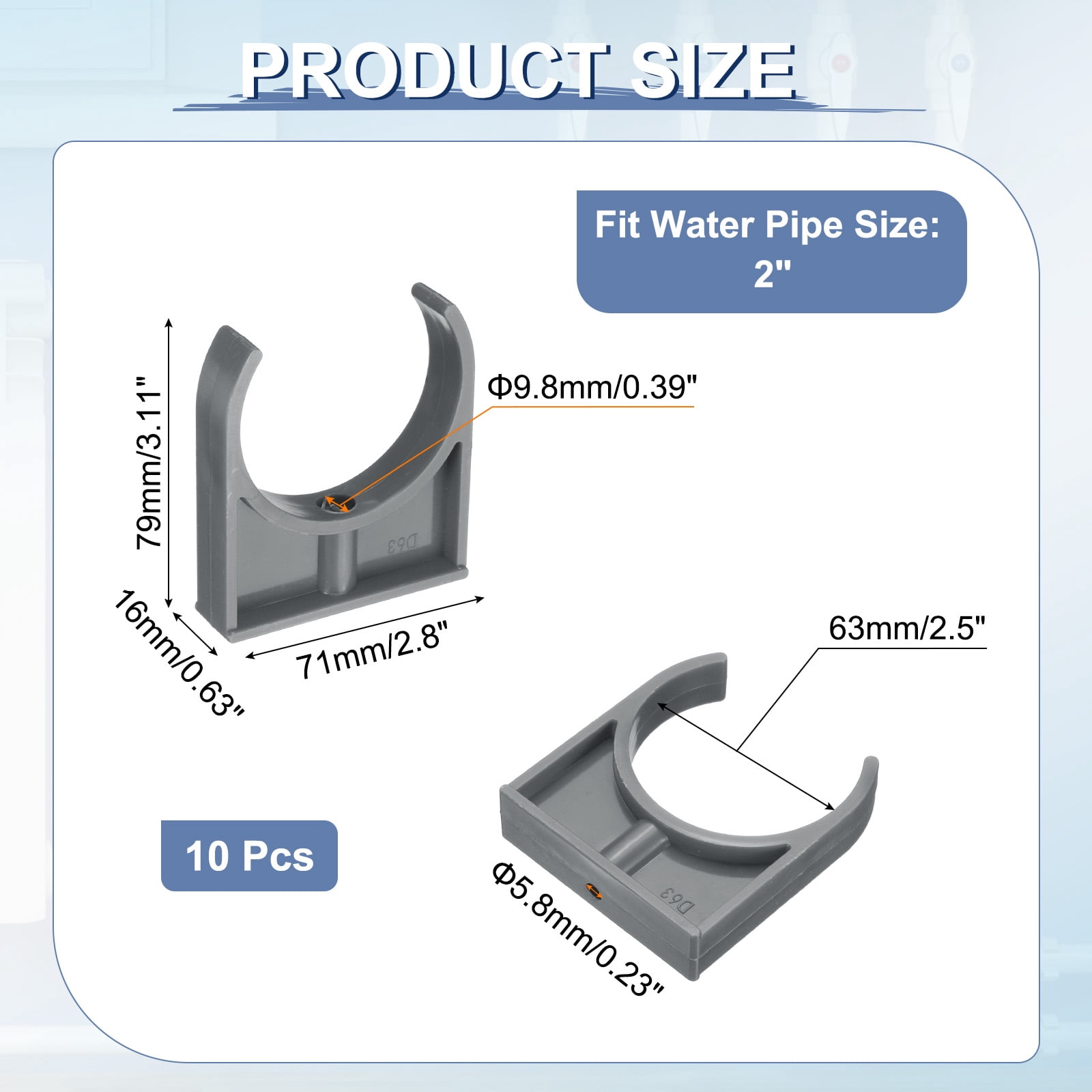 10Pcs Water Pipe Clamps Clips, U-Shaped Water Pipe Buckles Pipe Tubing Clamps for 2.5" OD TV Trays Pipe Tubing Hose Hanger Support Tubing, Grey