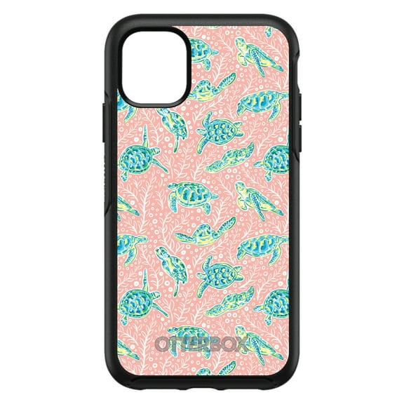 DistinctInk OtterBox Symmetry Custom Case for Apple iPhone 15 (6.1" Screen) - Turtles on Pink Background - Lightweight Grip
