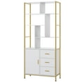 Homfa Bookshelf with Drawers, Gold Shelves with Doors, White Tall Bookcase for Home Office