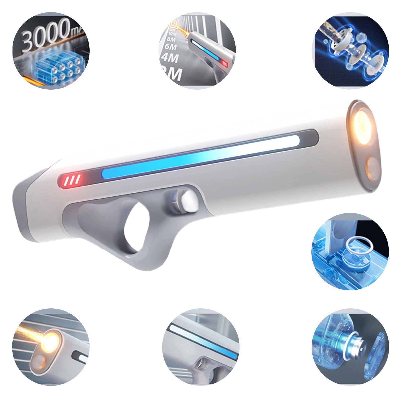 Automatic Water Gun with LED Lights, USB Rechargeable Long Range for Pool Beach,White