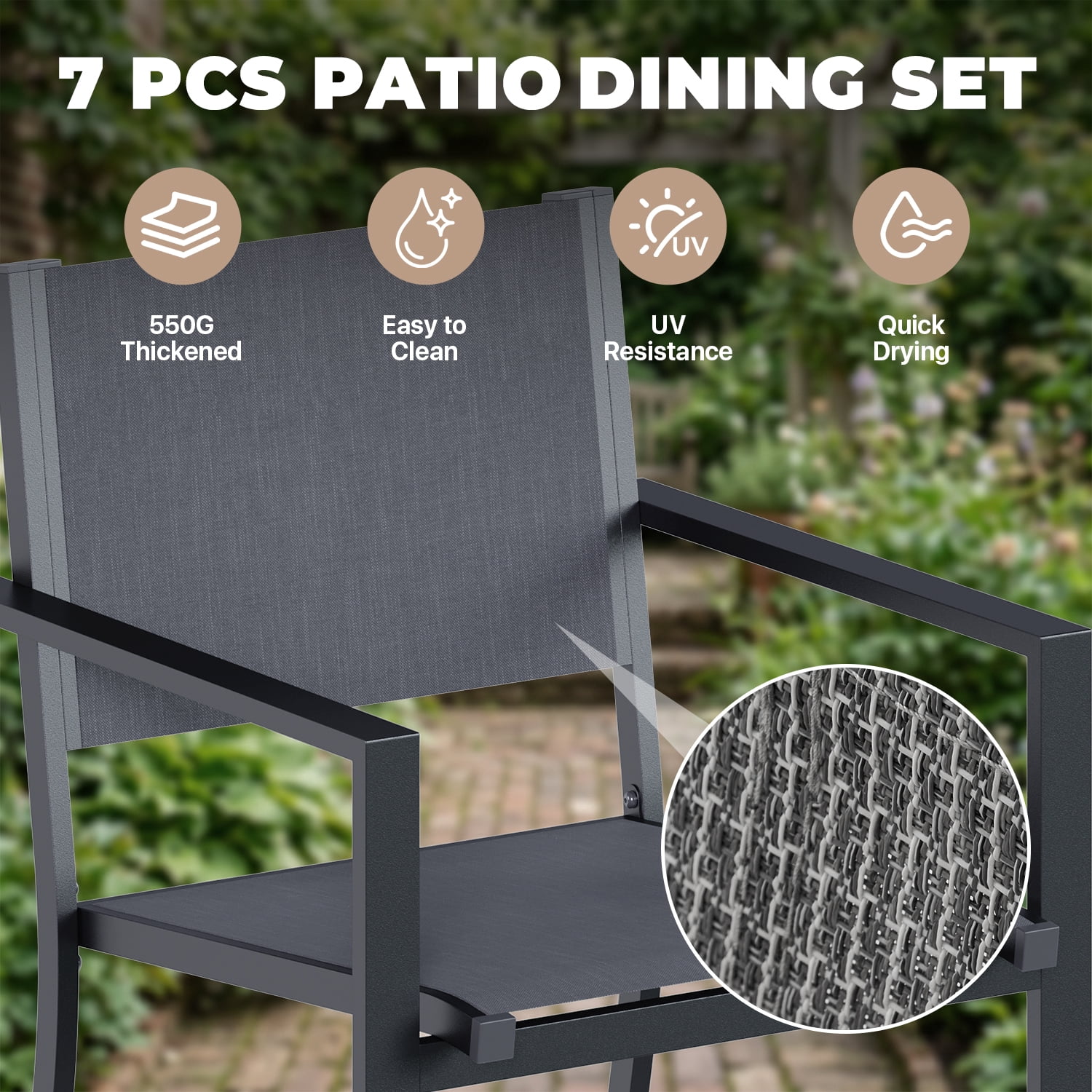 BaPiPro 7-Piece Patio Dining Set, Textilene Outdoor Table and Chairs Set for 6, Weather-Resistant Furniture for Garden, Deck, Backyard, Gray