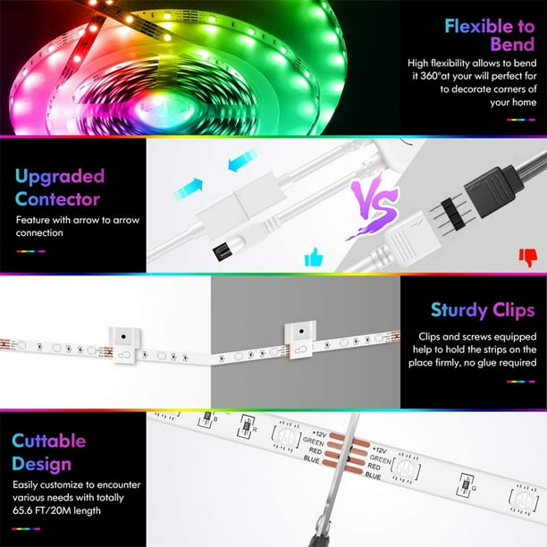 Ruban LED 10M LED Chambre RGB Bande LED Multicolore App Contrôle avec  Télécommande Synchroniser avec Rythme de Musique/Fonction de Minuterie