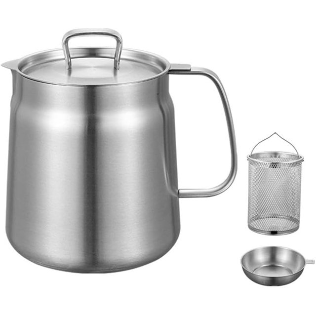 Veeki Stainless Steel Oil Filter Pot, Large Capacity Oil Filter Vessel with Removable Strainer and Snug Lid, Versatile Oil Filter Vessel with Handle, Frying Net Tank for Home Kitchen Camping-51504