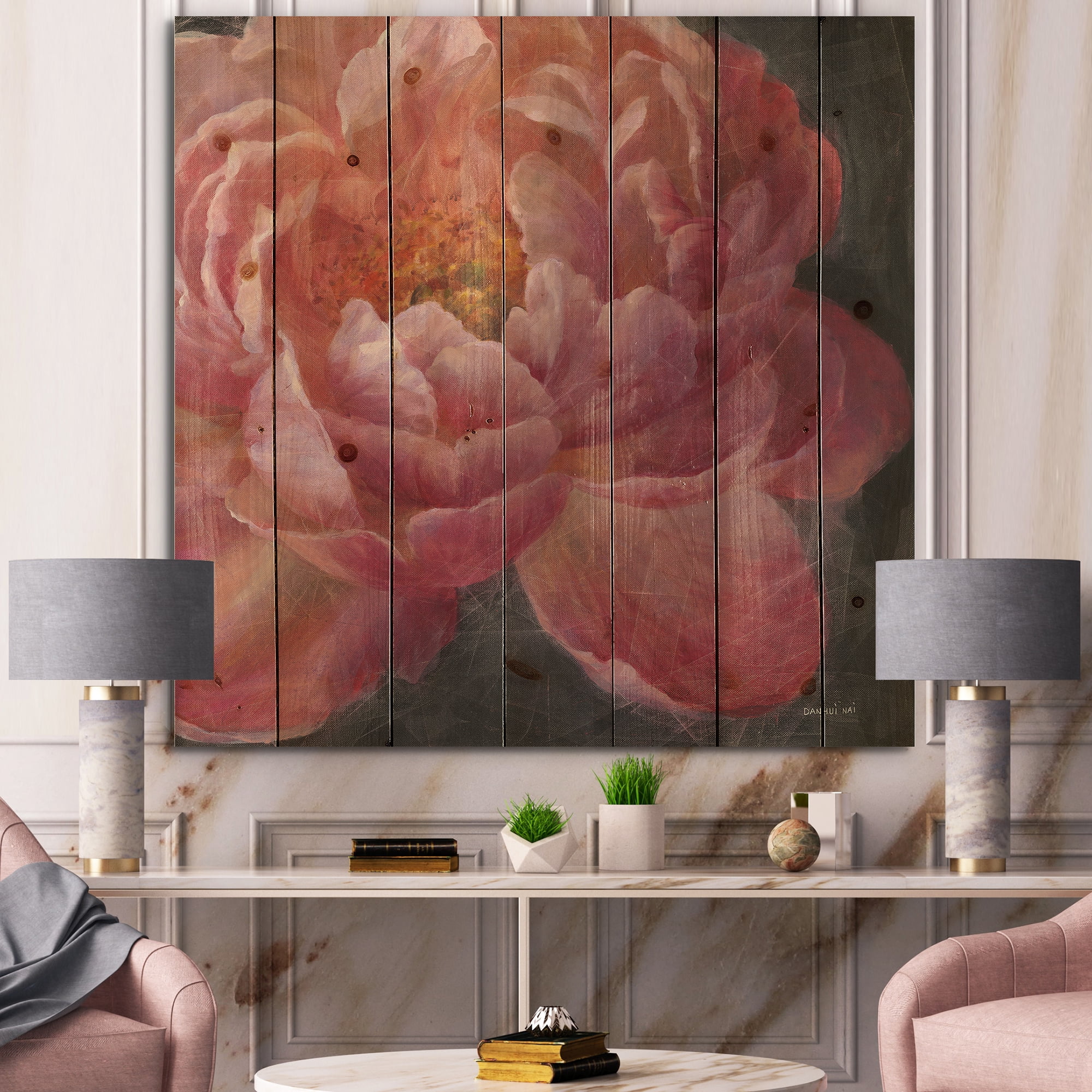 Designart 'Vivid Pink Peonies I' Shabby Chic Print on Natural Pine Wood