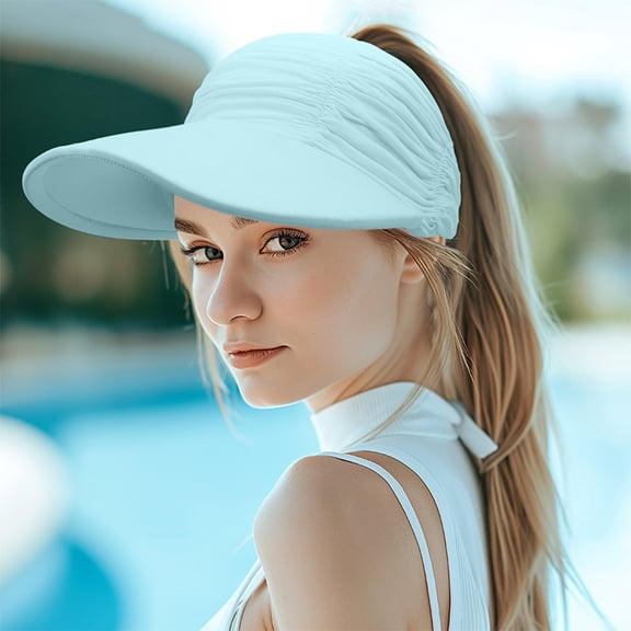 Women's Sun Visor Hat - Wide Brim Summer UPF 50 UV Protection Visor Hat, Adjustable Beach Sport Visor Cap, Sky Blue