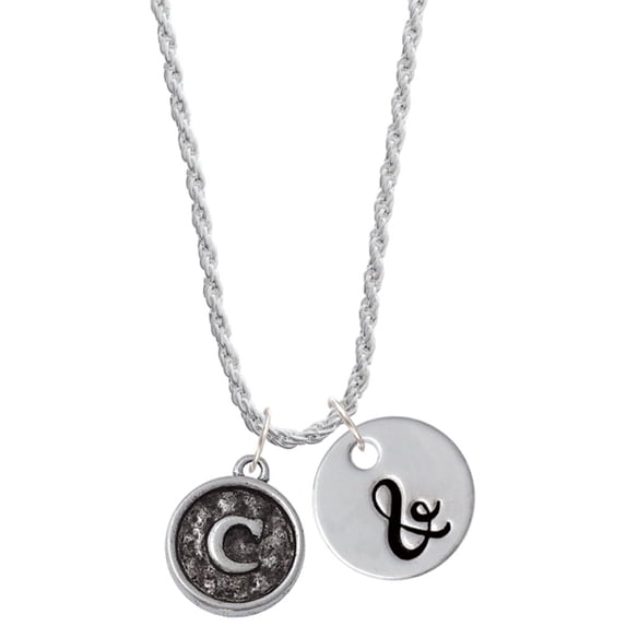 Delight Jewelry Silvertone Antiqued Round Seal - Initial - C - Silvertone Script Initial Disc - & - Charm Necklace, 20"+3"