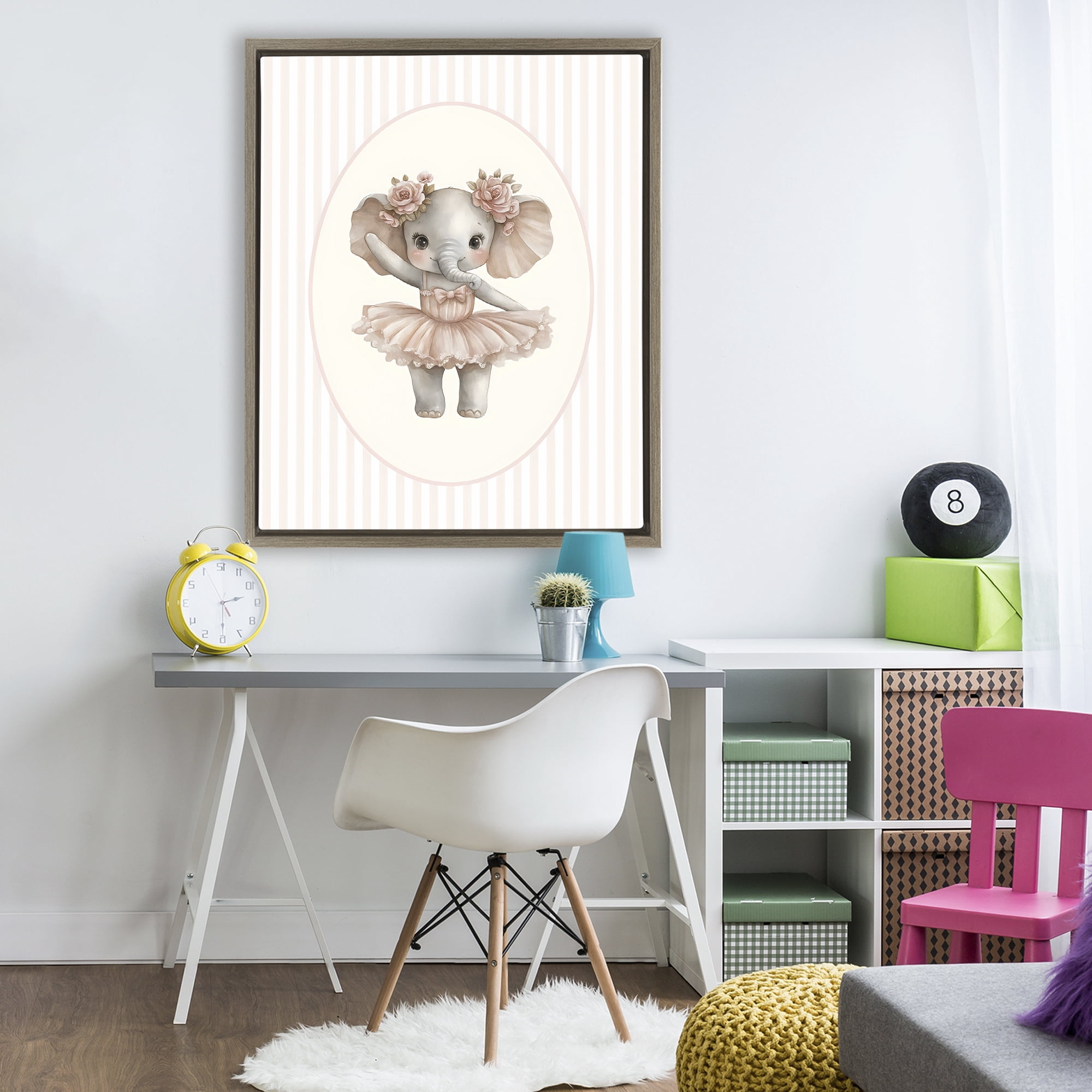 Stupell Industries Nursery Ballerina Elephant Striped Brown Framed Floater Canvas Wall Art, design by LSR Design Studio