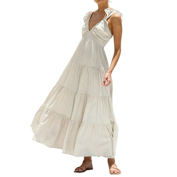 Women'S Summer Flowy Maxi Dress Casual Sleeveless V Neck Smocked Beach Sundress Apricot S