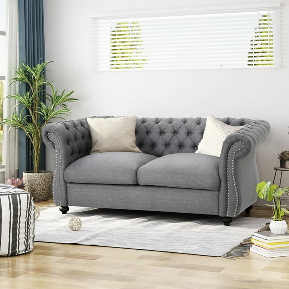 Dark Grey With Classic Tufting And Accents Stylish Nailhead Seating