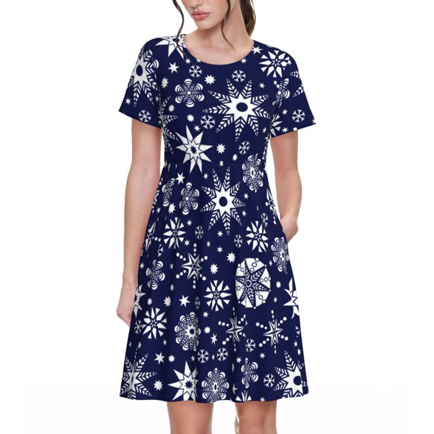 Disketp Snowflakes2 para Vestido de Manga Corta para Mujeres, Vestidos de Verano para Mujeres, Casual y Holgado para la Playa