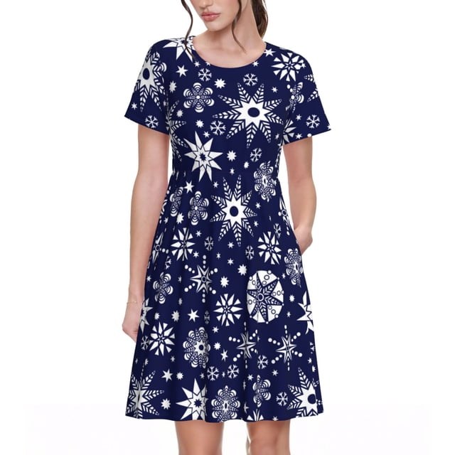 Disketp Snowflakes2 para Vestido de Manga Corta para Mujeres, Vestidos de Verano para Mujeres, Casual y Holgado para la Playa