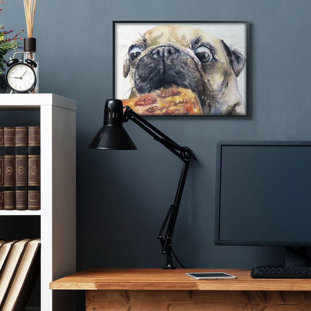 Stupell Industries Pug And Pizza Funny Dog Pet Animal Watercolor Painting Framed Giclee Texturized Art by George Dyachenko