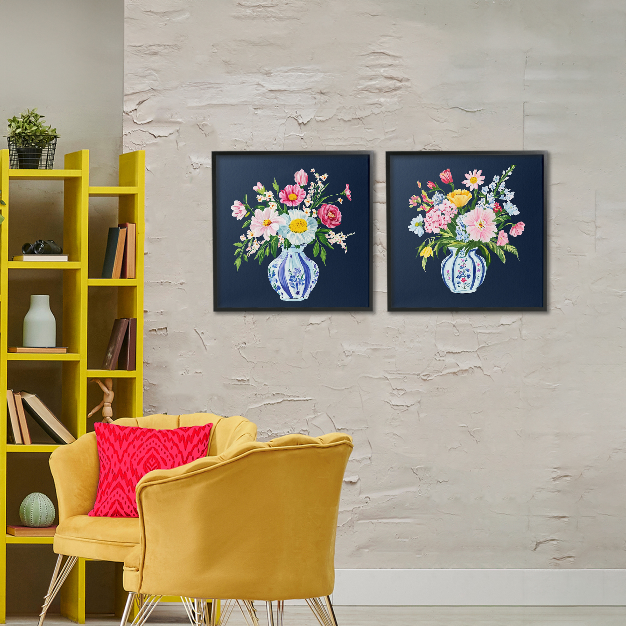 Twin Chinoiserie Vases 2 Piece Black Framed Giclee Art Set, design by Yen