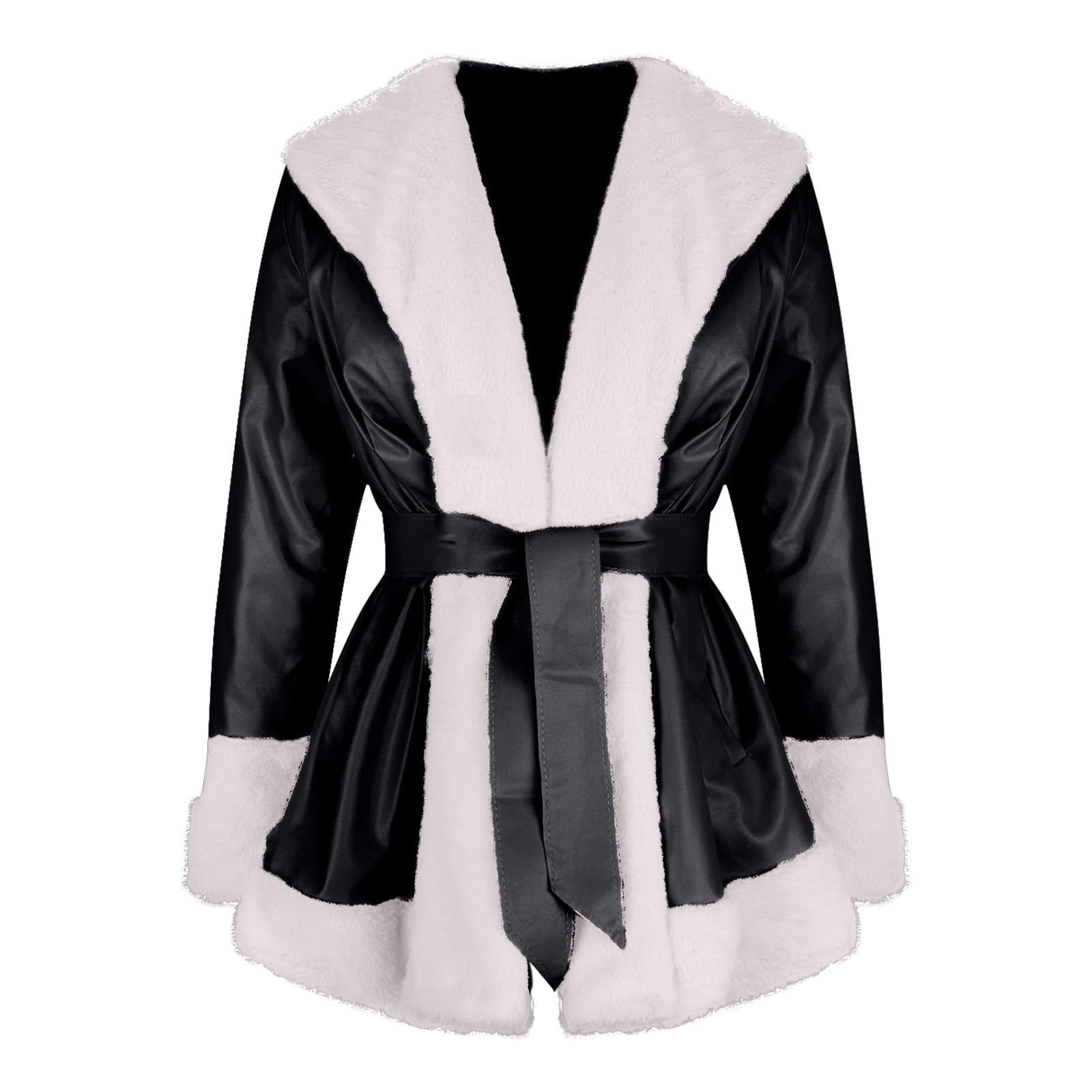 ZQUUVOU Women's Faux Leather Jacket with Faux Fur Collar Fall Winter Trendy Long Sleeve Furry Trim Parka Coat with Belt White