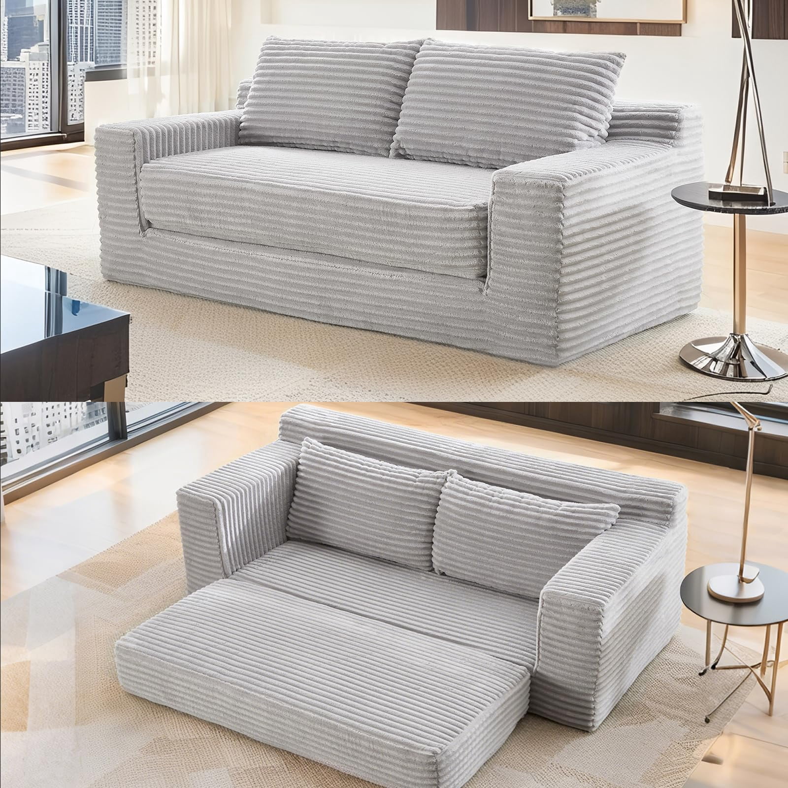 LUCKHAO 78" Convertible Loveseat Sofa Bed, Corduroy Fabric, Memory Foam, No Assembly, Compact Couch for Adults, Grey