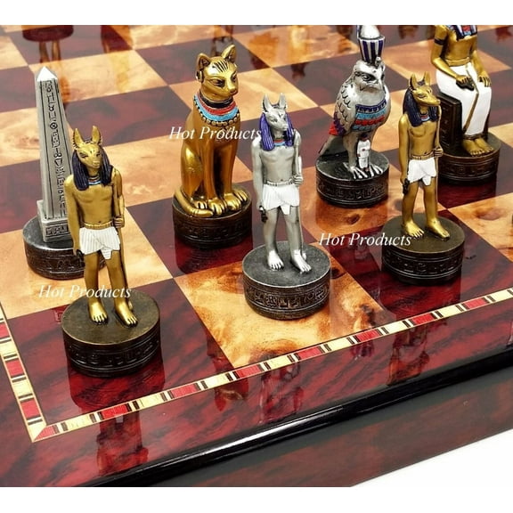 Egyptian Anubis Gold Silver Chess Men Set W/ Color Accents 18" Cherry Color Bd
