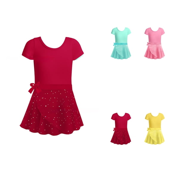 Girls Ballet Dance Dress with Heart Design & Removable Skirt – Two-Piece Short Sleeve Leotard Outfit with Ruffle Sleeves for Gymnastics, Practice & Performance, Ages 2-12 Years
