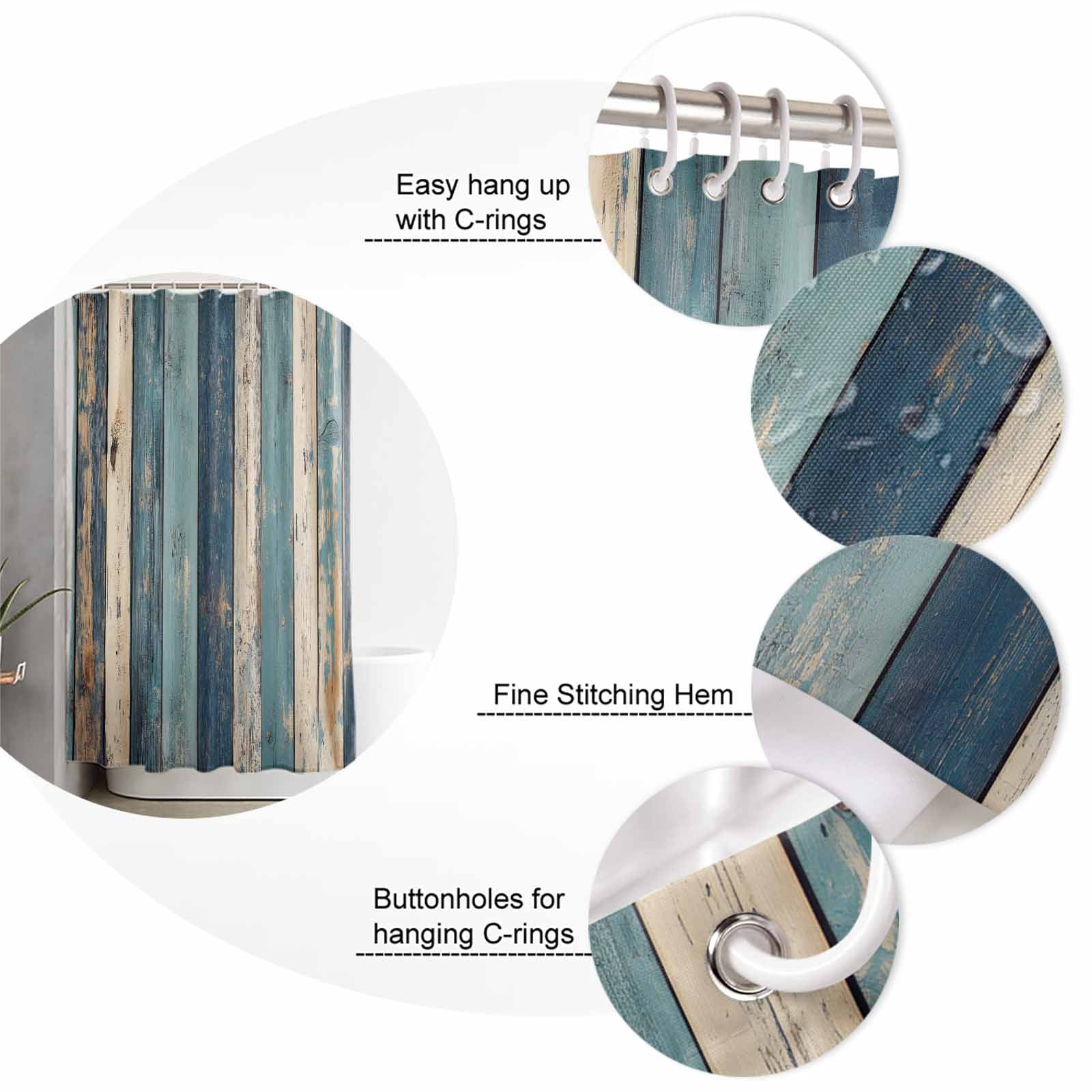 72x78 Inch Shower Curtain Teal Beige Stripe Bathroom Decor Waterproof Fabric Bathtub Bath Curtains Decorative Farmhouse Vintage Wooden Grain Extra Long Shower Curtain Set with Hooks