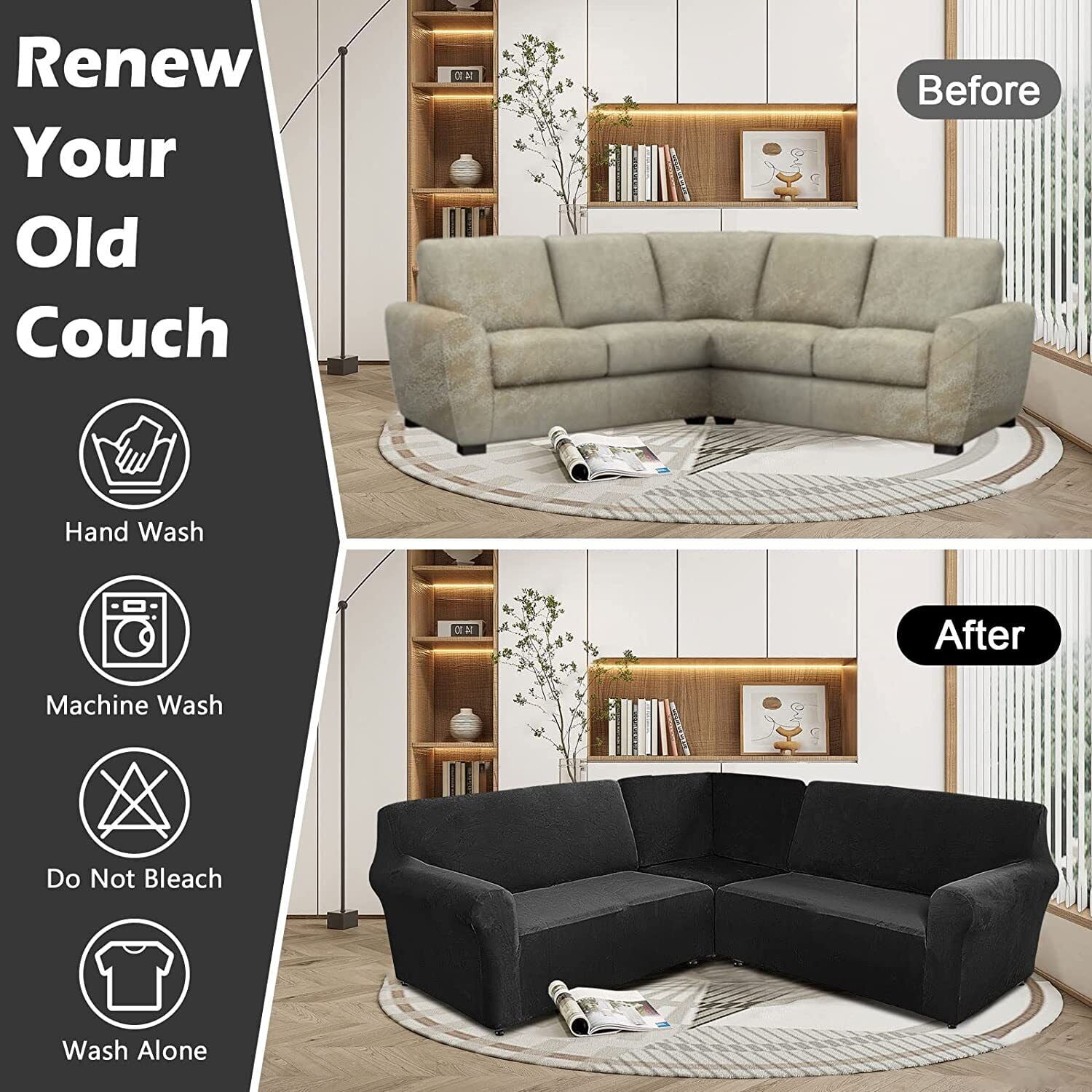 TOPCHANCES 3-Piece Velvet Recliner Sofa Covers, 7 Seat L-Shaped Corner Sofa Covers, Stretch Sectional Couch Slipcover ( Black )