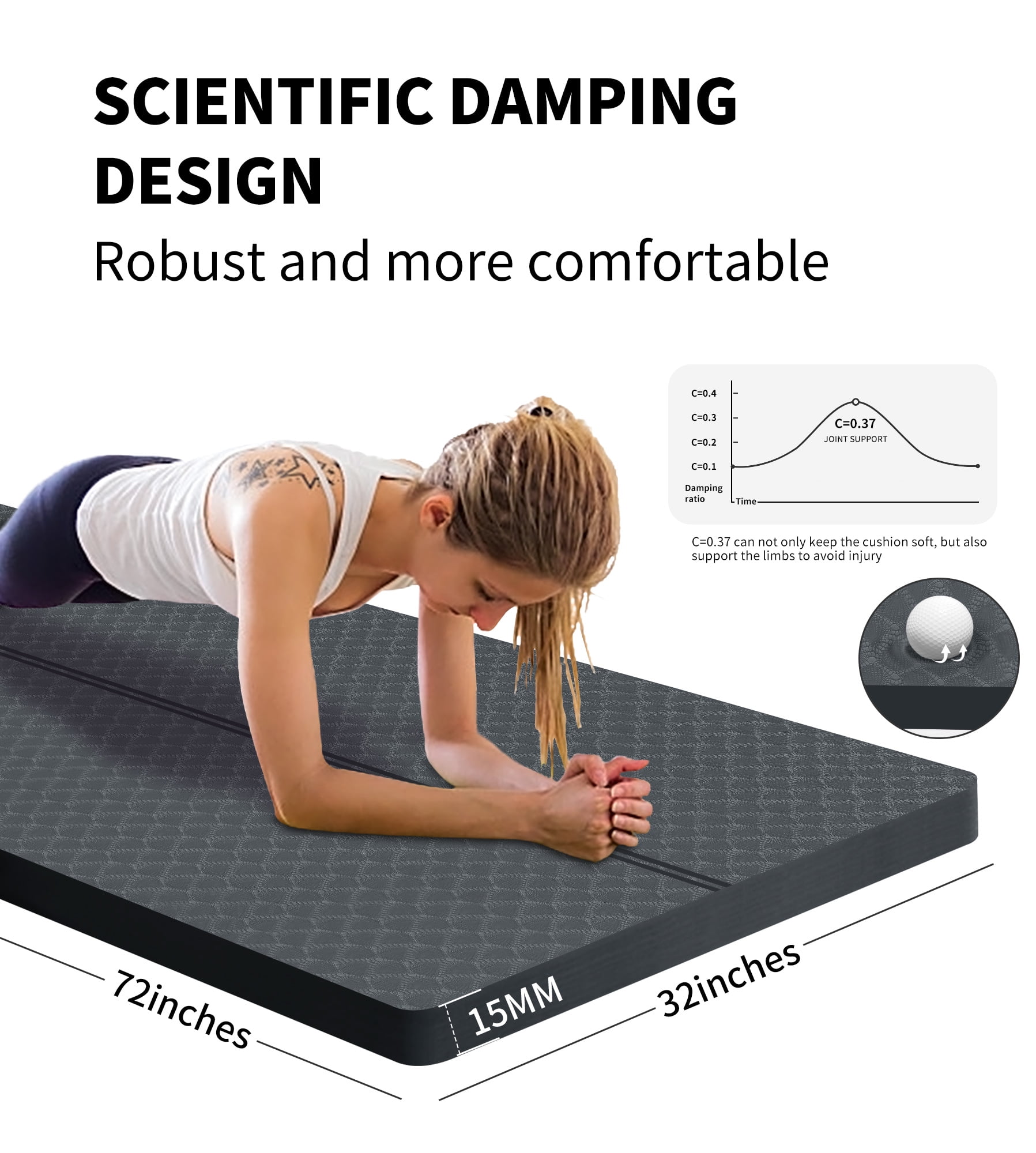 Extra Thickened 15mm Exercise Mat (72" x 32") for Men & Women Non Slip with High Density Large Shock Absorber Pad for Home Gym Travel & Floor Outside Fitness in Grey