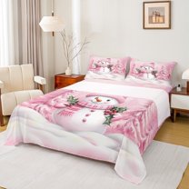 Castle Fairy Teens Kawaii Snowman 3pcs Twin Sheet Sets,Xmas Tree Twin Fitted Sheet,Merry Christmas Breathable Flat Sheet,Super Cozy Room Decor
