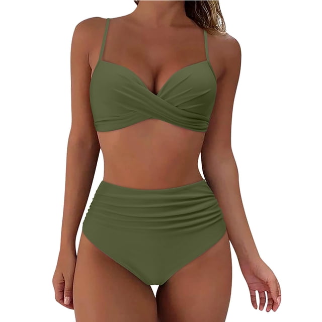 Huesdet Womens High Waisted Bikini Sets Drawstring Tummy Control Swimsuits Crisscross Tie Back Bathing Suit(AG,XXL)