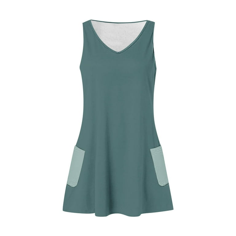 AKOEE Cotton Dress for Women Sleeveless Tank Top Mini Short Dress with  Pocket V Neck Casual Summer Beach Dress (Small, Army Green 01) - Walmart.com
