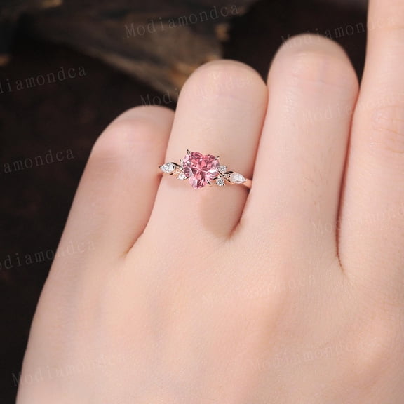 4 Prongs Pink Sapphire Engagement Ring Unique 14K Rose Gold Heart Shaped Gemstone Ring Marquise Diamond Wedding Ring Personalized Ring