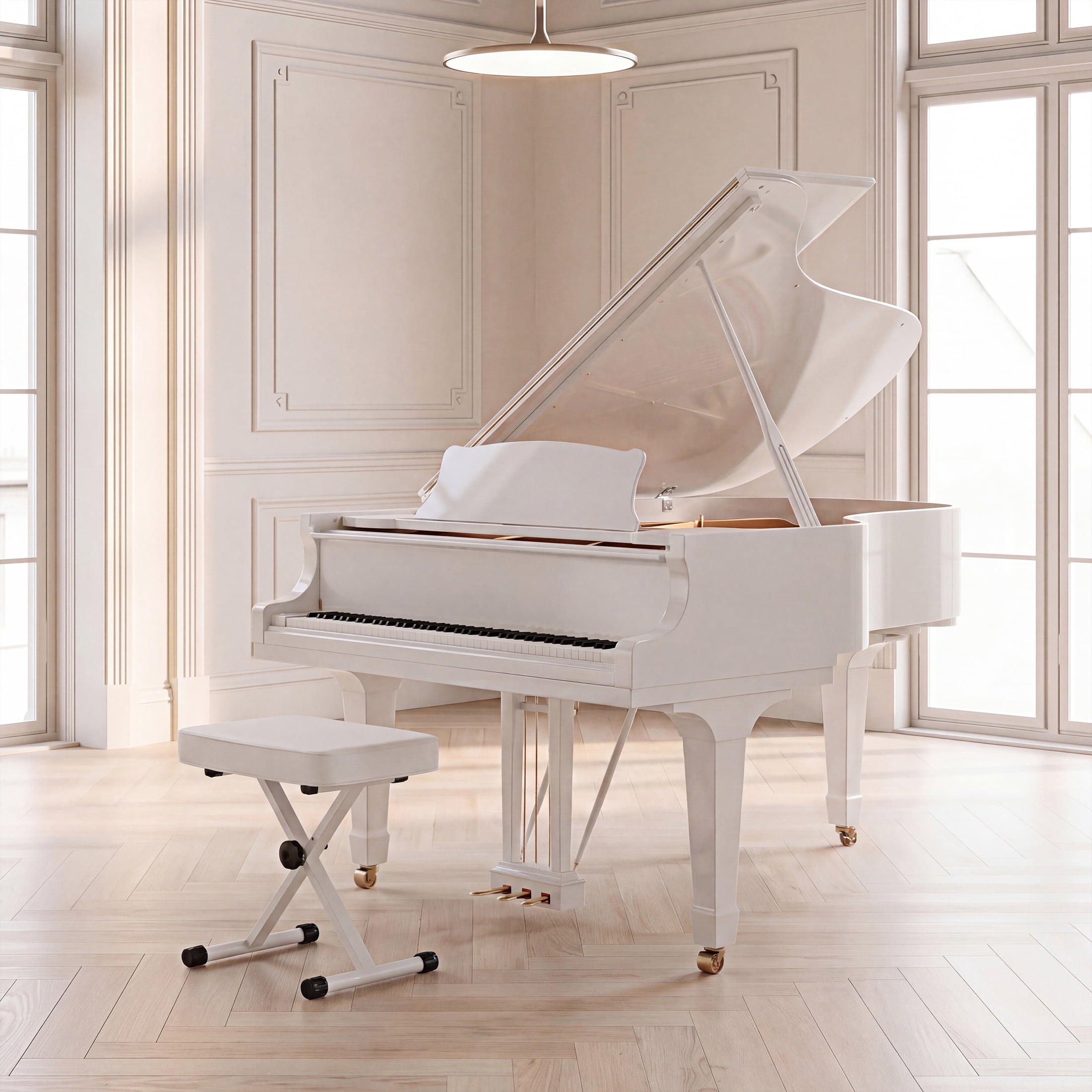 EDX Adjustable Height Piano Bench / Music Performance Stool - 3-Level Height Adjustment, Non-Skid Design,High-Density Sponge Padded, Portable & Foldable X-Style Seat, 250LBS Weight Capacity, White