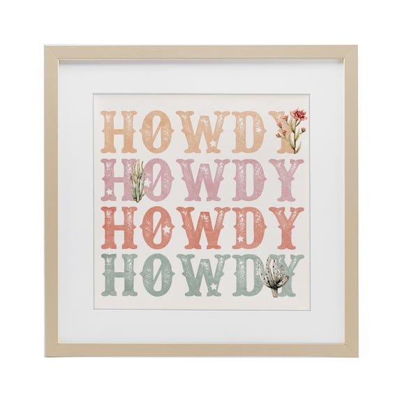Vintage Howdy Rainbow Text Birch Framed Print Under Glass, design by Kim Allen