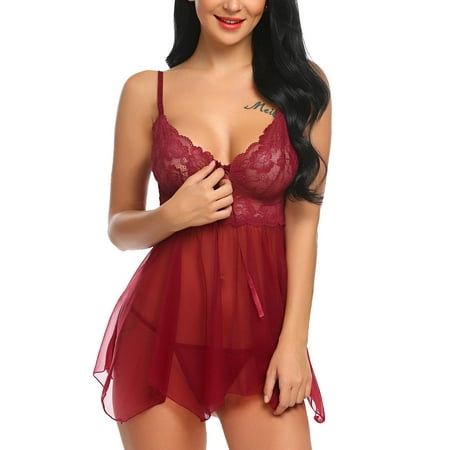 Chunoy Women Lingerie Babydoll Lace Nightgown Mesh Chemise Boudoir Nighty Teddy Lingerie